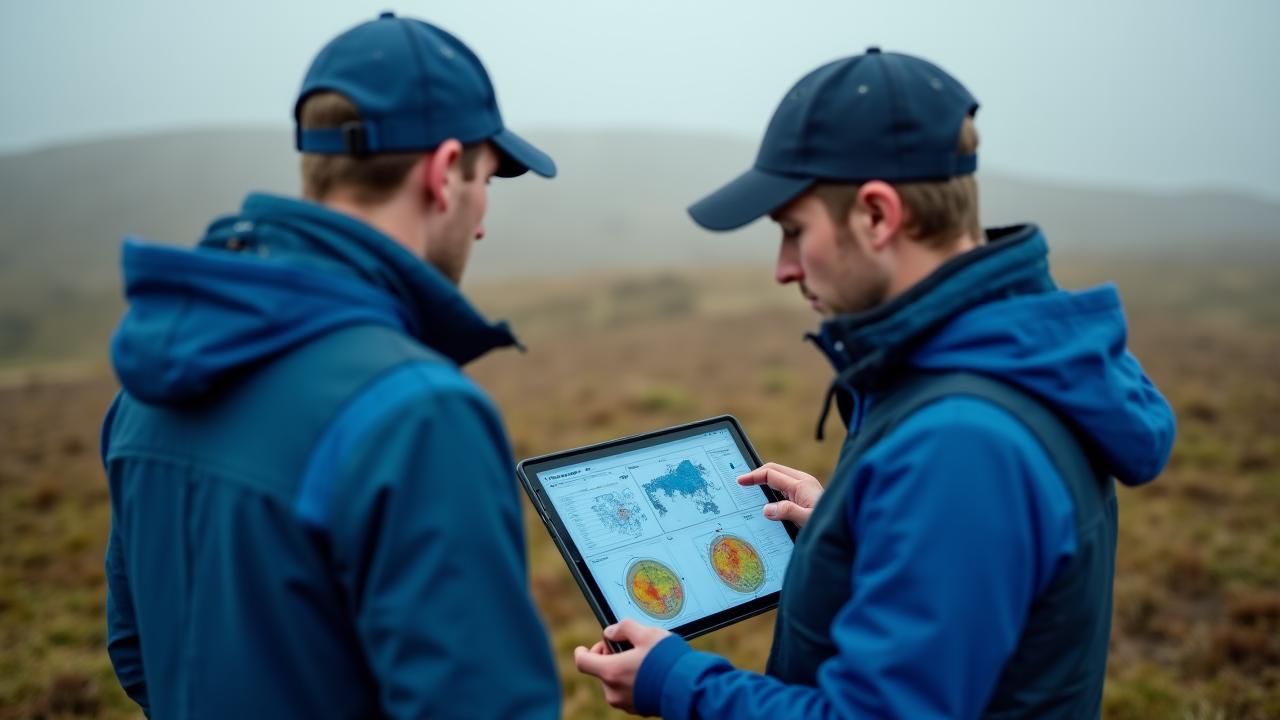 Bird conservationists reviewing predictive data models in the field