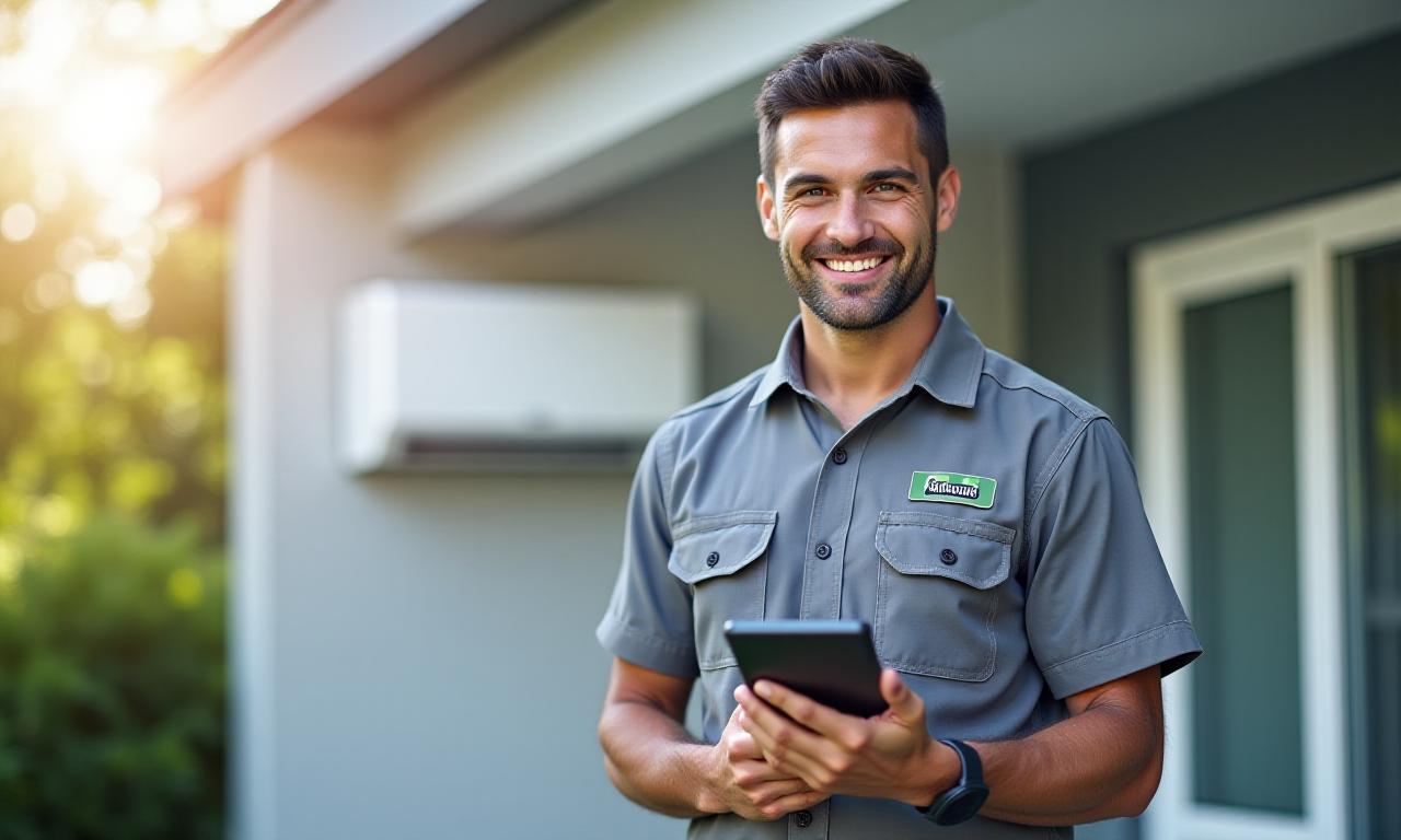 HVAC technician in UK uniform holding a digital tablet