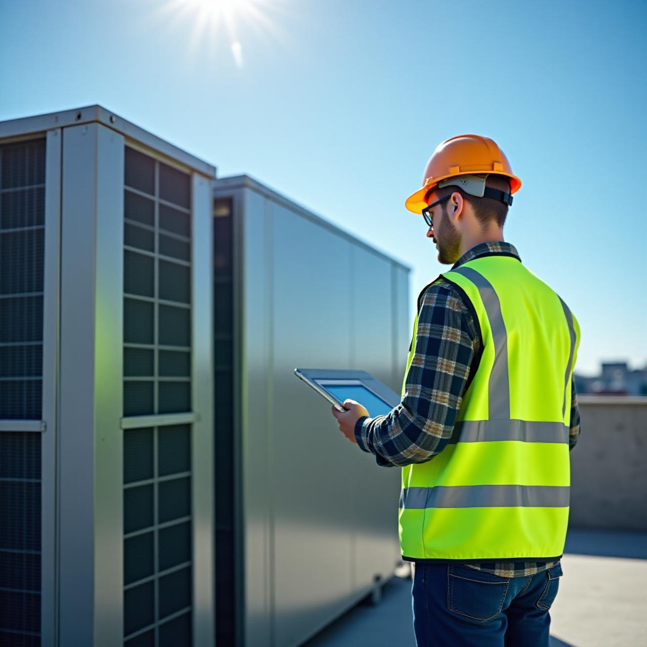 Energy audit professional examining commercial HVAC systems